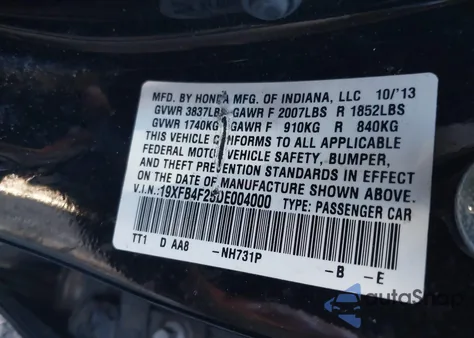 2013 Honda Civic Hybrid from USA, damaged, VIN 19XFB4F25DE004000
